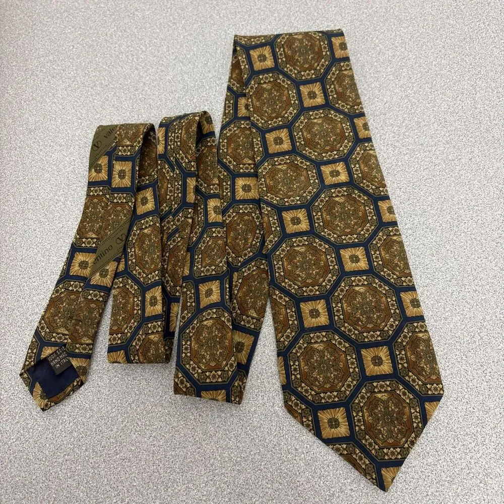 Vintage Valentino Cravatte Necktie, 100% Silk Italy, Brown Black Geometric Print